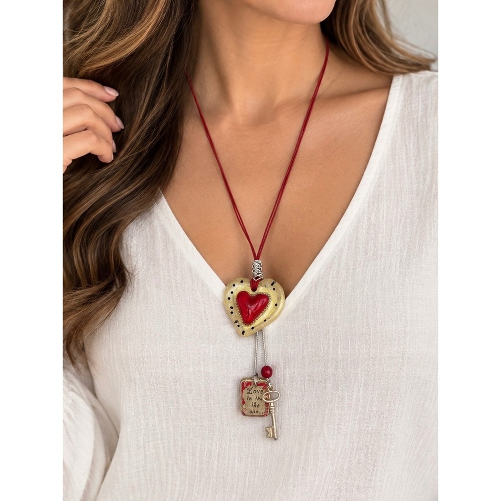 Orna Lalo Designer Heart Key Love is in the Air Pendant Necklace Red Silver